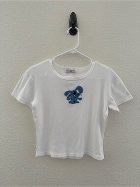 Vintage B.B. Apparel White Ribbed Denim Blue Bunny Applique Baby Tee Y2K Small
